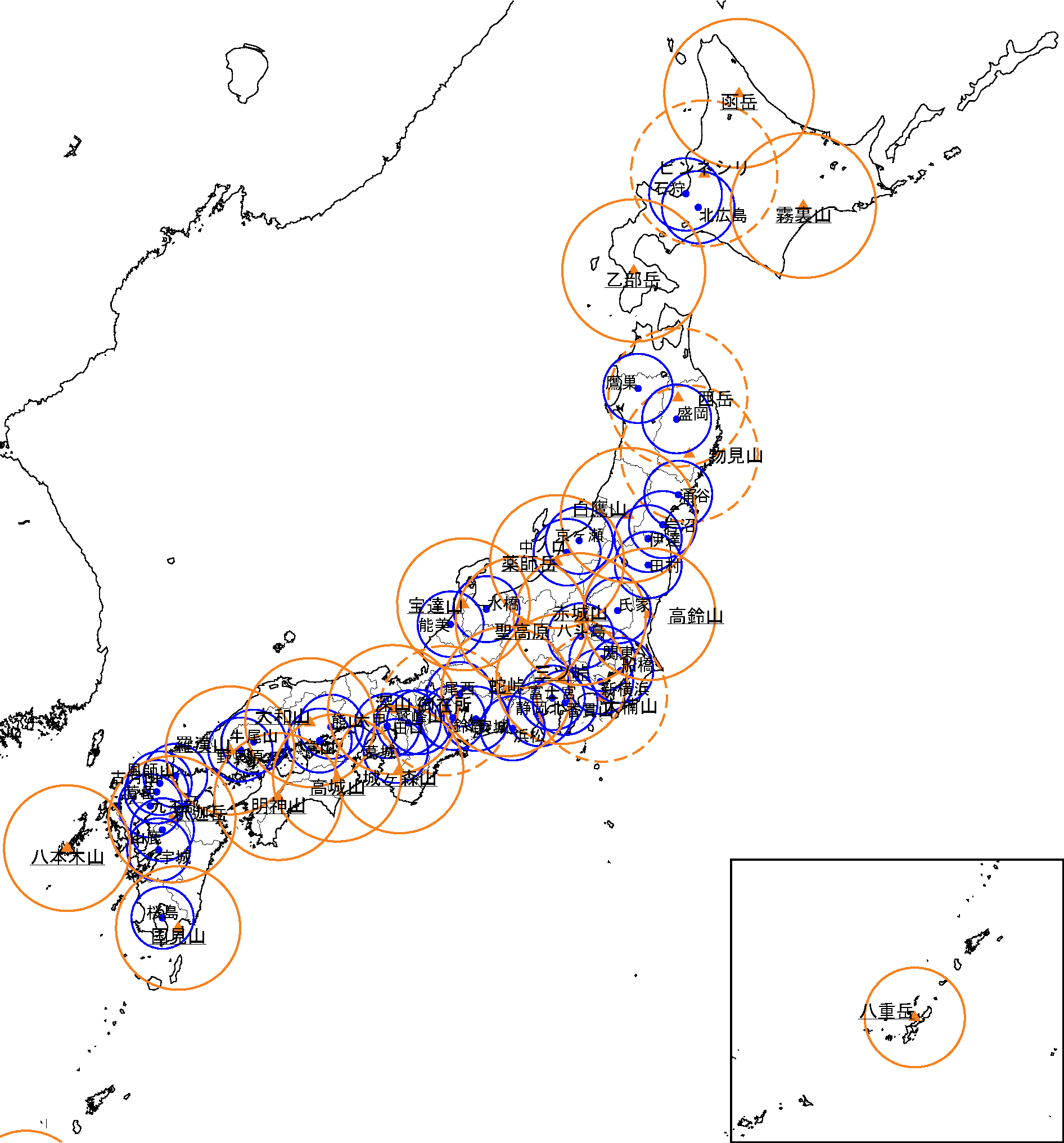 レーダサイト位置と定量観測範囲
